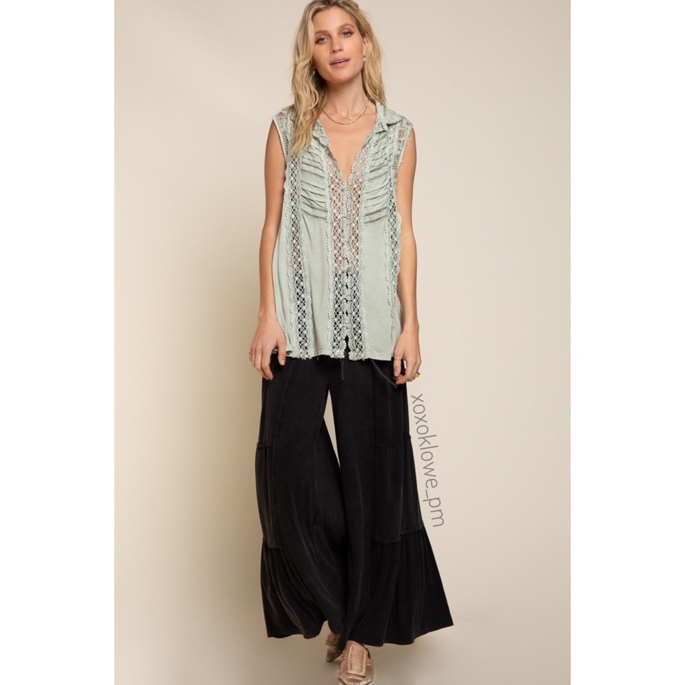POL Green Pintuck Lace Button Down Top Sleeveless Relaxed Fit - Picture 9 of 11